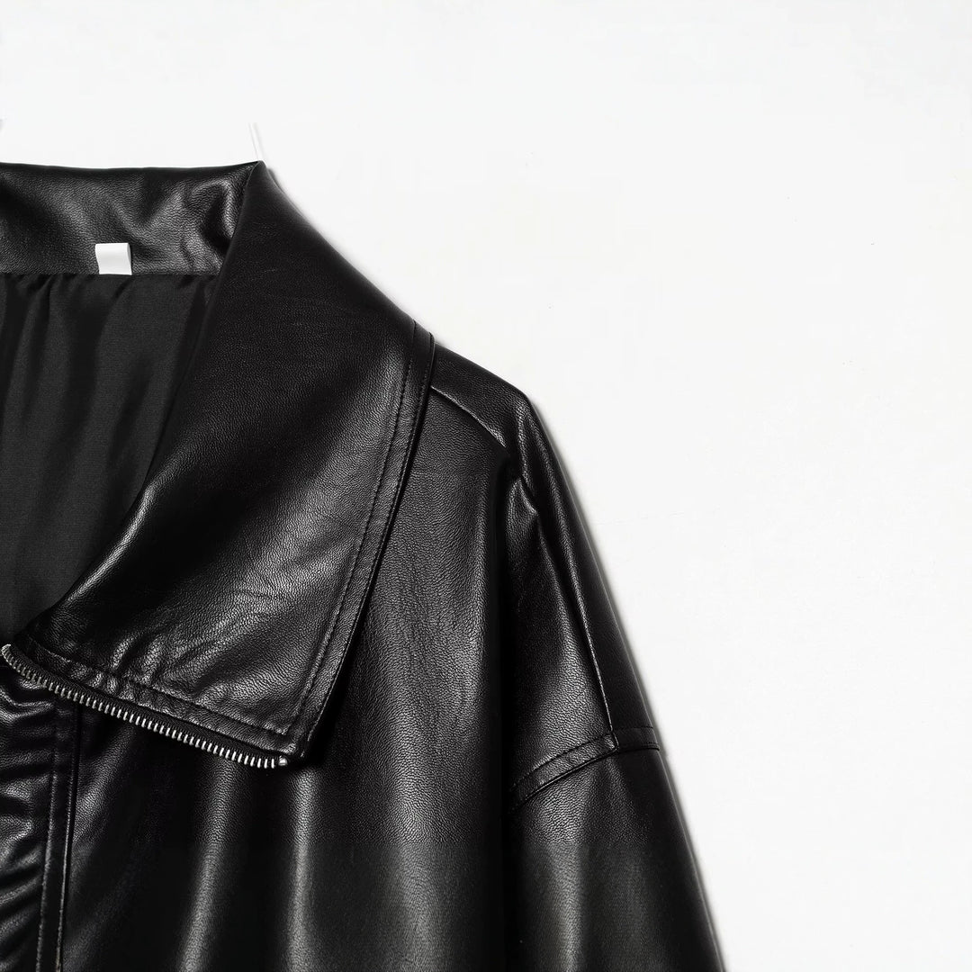 Damen Oversized Kunstleder-Bomberjacke mit breitem Reverskragen und elastischem Saum Drune