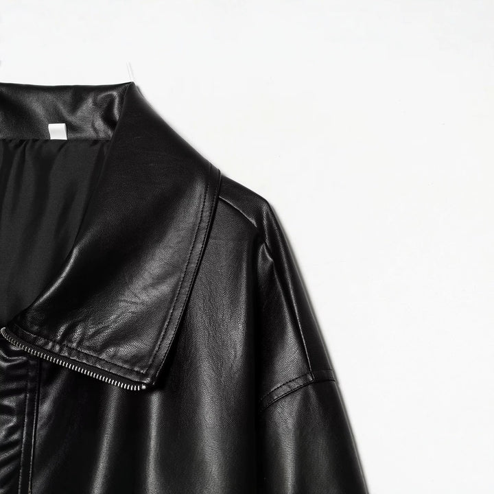 Damen Oversized Kunstleder-Bomberjacke mit breitem Reverskragen und elastischem Saum Drune