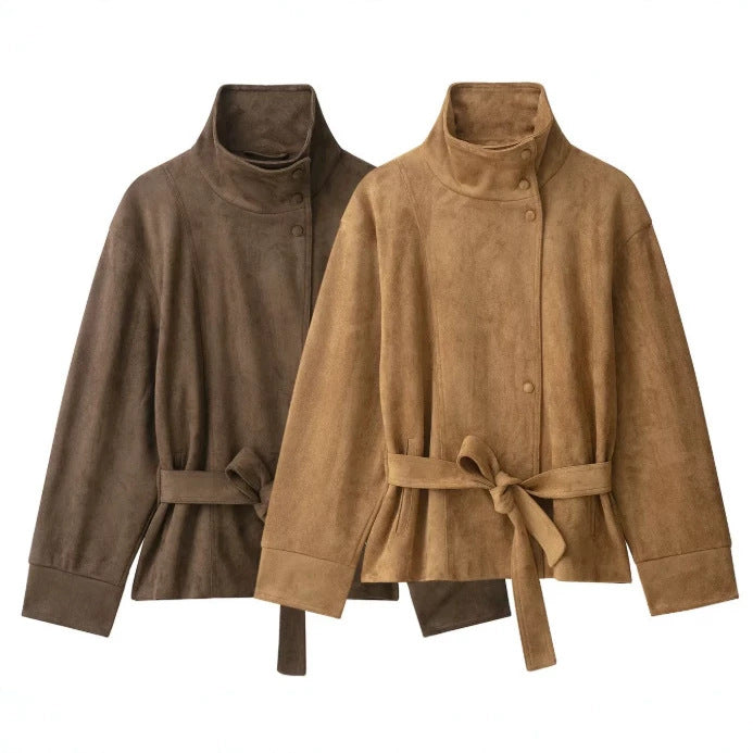 Damen Kurzjacke aus Veloursoptik mit Stehkragen und Taillengürtel Drune