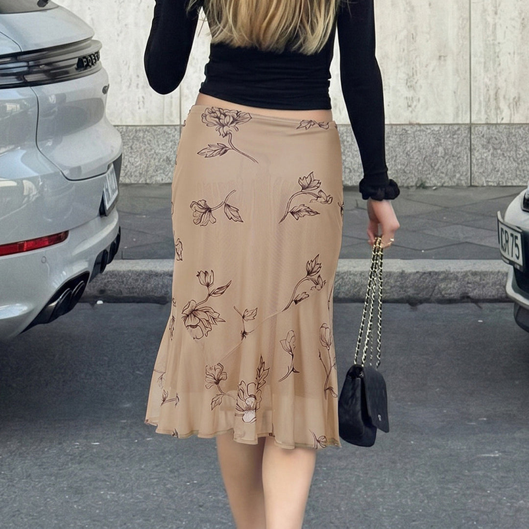 Damen Fließender Chiffon-Midirock mit zartem Blumenprint und asymmetrischem Volant Drune