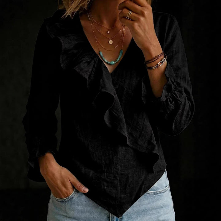 Damen Volant‑Bluse im Leinenlook mit Wickeloptik und asymmetrischem Zipfelsaum Drune