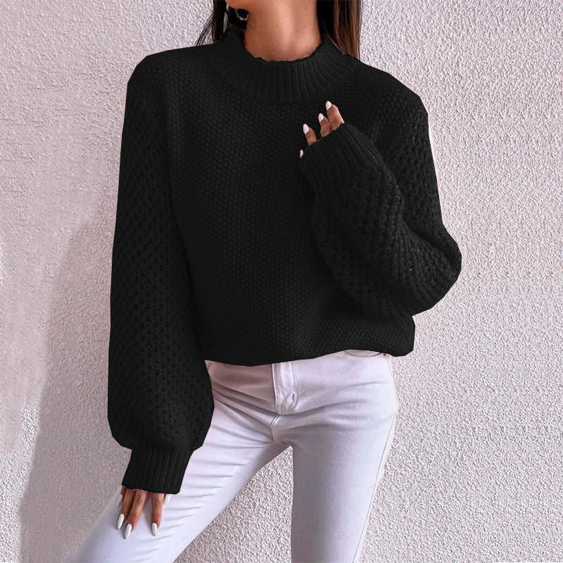 Damen Kurzgeschnitteter Grobstrick-Pullover mit Voluminösen Netzstruktur-Ärmeln und Stehkragen Drune