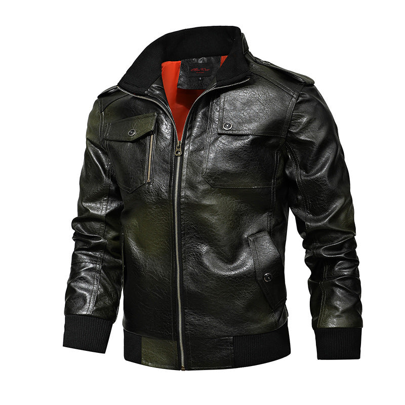 Herren Pilotenblouson aus Kunstleder mit Stehkragen und Utility‑Taschen Drune
