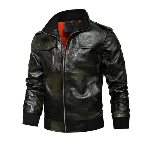 Herren Pilotenblouson aus Kunstleder mit Stehkragen und Utility‑Taschen Drune