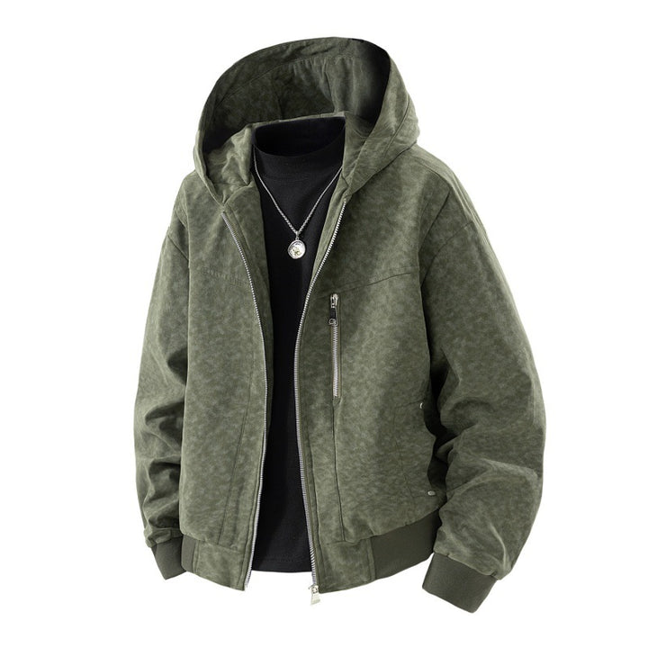 Herren Kapuzenblouson im Vintage-Suede-Look mit durchgehendem Reißverschluss und Rippenbündchen Drune