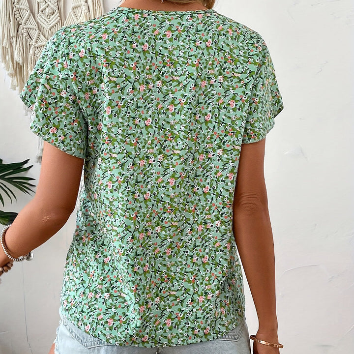 Damen V-Ausschnitt Bluse mit floralem Muster und Rüschendetails Drune