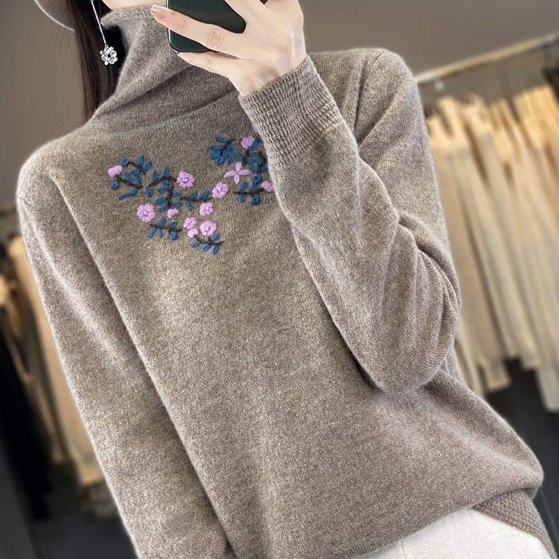 Damen Kaschmir‑Optik Rollkragenpullover mit zarter Blumenstickerei am Brustbereich Drune