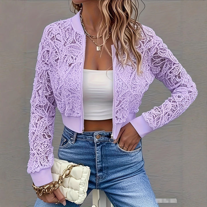 Damen Cropped Spitzen-Bomberjacke mit floraler Häkeloptik und Rippbündchen Drune