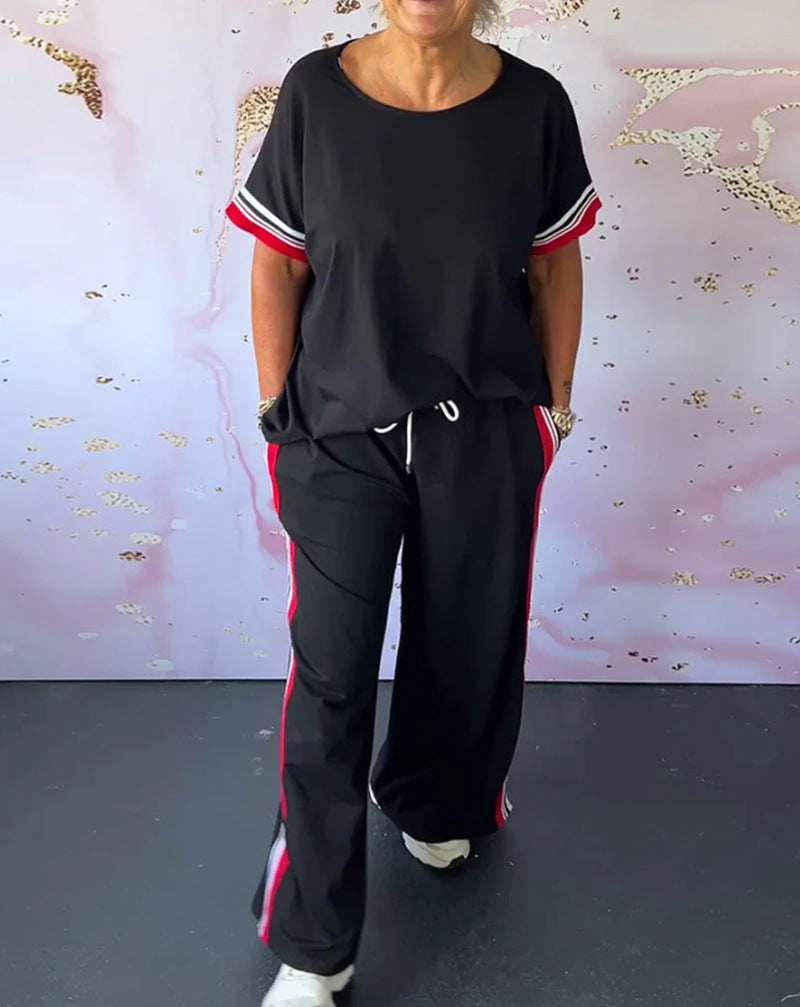 Damen nan sportlich-eleganter Zweiteiler mit kastigem Kurzarmshirt, Tunnelzug-Jogpant und seitlichem Kontraststreifen Drune