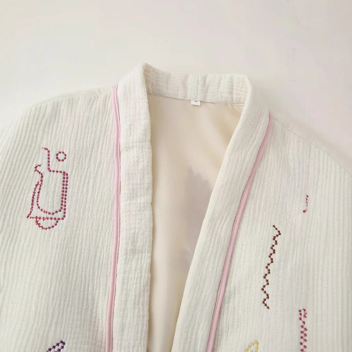 Damen nan gesteppte Kimono-Jacke mit dekorativer Stickerei, aufgesetzten Taschen und lässigem Oversize-Schnitt Drune