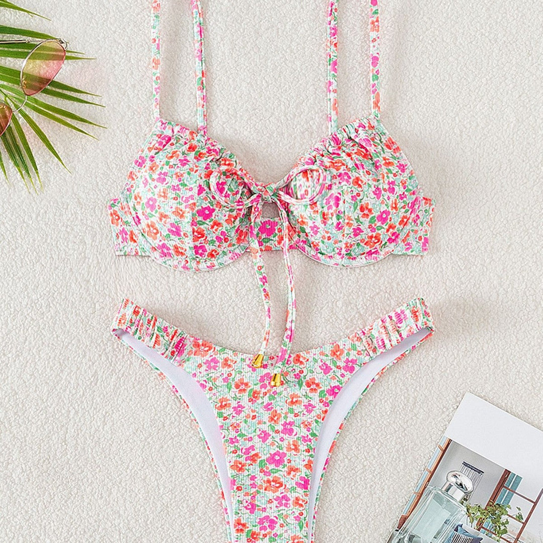 Damen Push-Up-Bikini mit floralem Design und raffinierter Schnürung Drune
