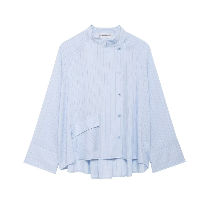 Damen Oversized gestreifte Hemdbluse mit Stehkragen, asymmetrischer Knopfleiste und High‑Low‑Saum Drune