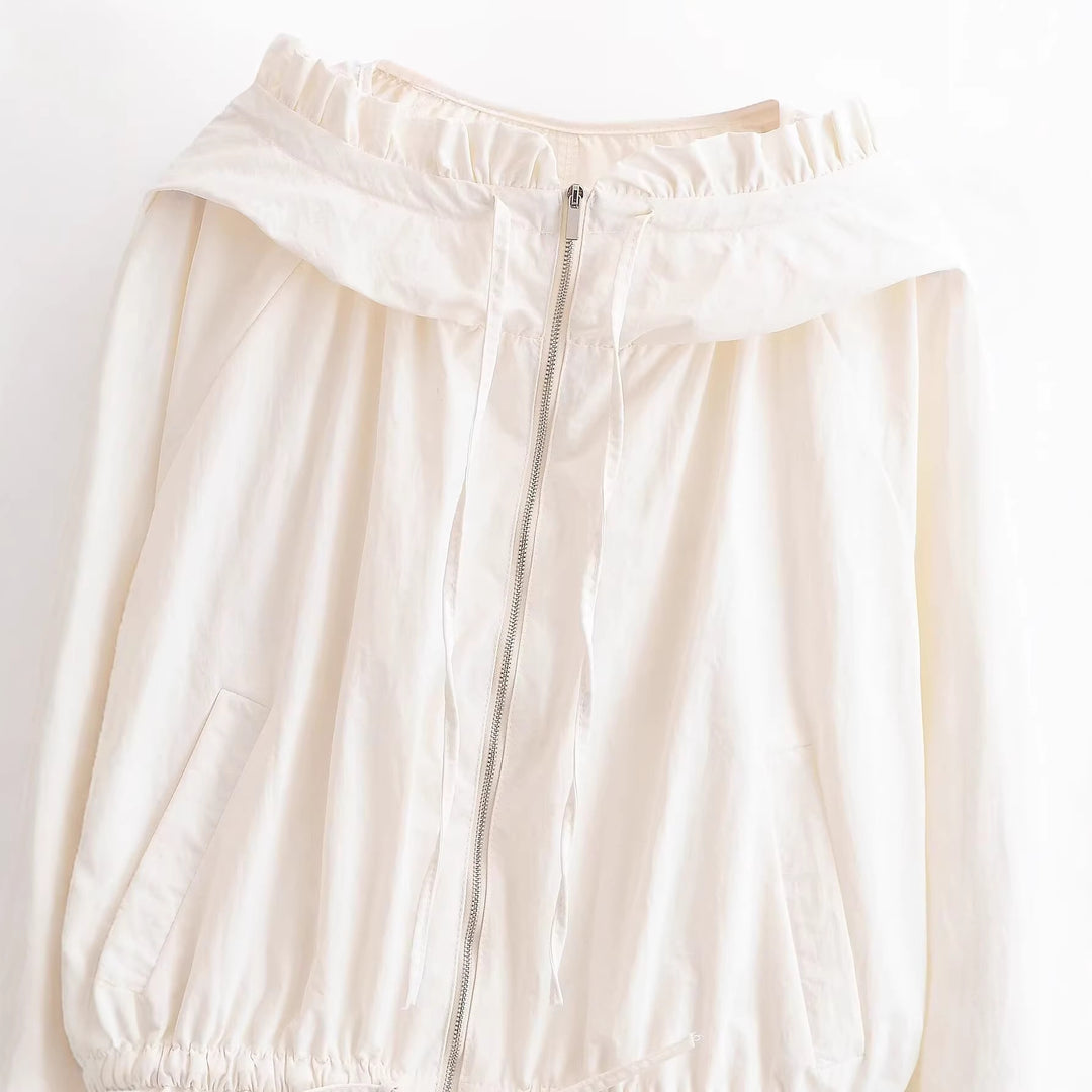 Damen Leichte Kapuzenjacke mit Rüschenkragen, Tunnelzug und elastischem Saum Drune