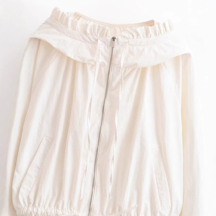 Damen Leichte Kapuzenjacke mit Rüschenkragen, Tunnelzug und elastischem Saum Drune