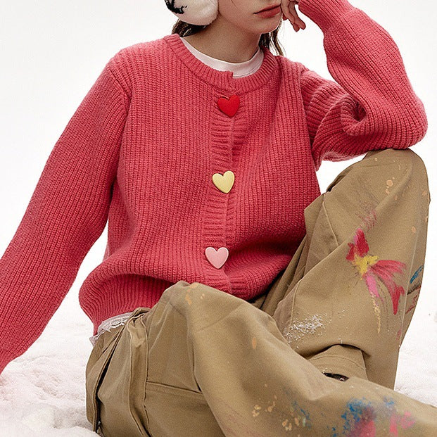 Damen Verspielter Strickpullover mit Herzknöpfen Drune