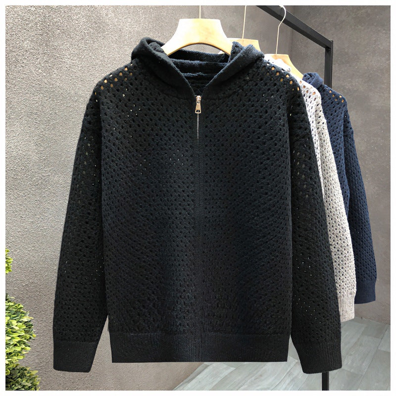 Unisex Leichte Lochstrick-Kapuzenzipjacke mit Ajourmuster Drune
