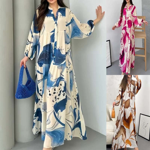 Damen Fließendes Stufenkleid mit Stehkragen, Ballonärmeln und Knopfleiste Drune