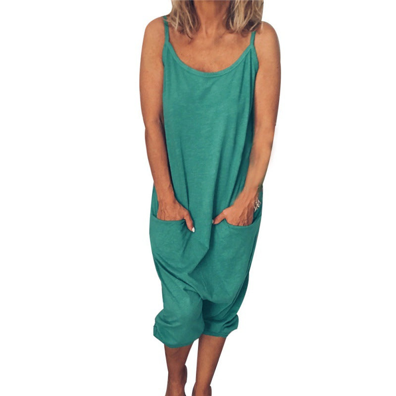 Damen lässiger Jumpsuit mit praktischen Taschen und Spaghettiträgern Drune