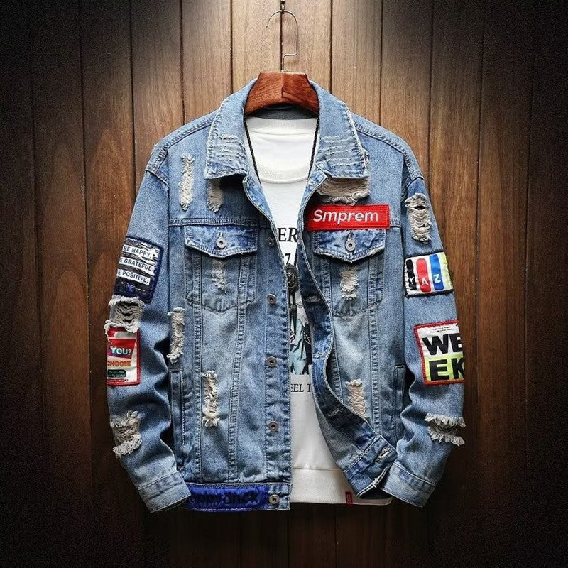 Herren Modische Denimjacke mit kreativen Applikationen Drune