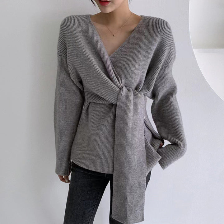 Damen modische Bluse mit Wickeldesign und Binde-Gürtel Drune