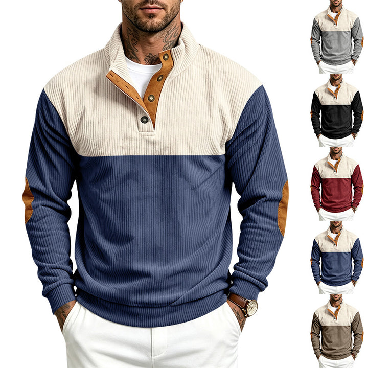 Herren Strukturierter Troyer-Pullover mit Stehkragen, Druckknopfleiste und Ellbogen‑Patches Drune