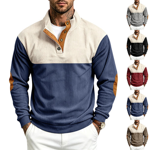Herren Strukturierter Troyer-Pullover mit Stehkragen, Druckknopfleiste und Ellbogen‑Patches Drune