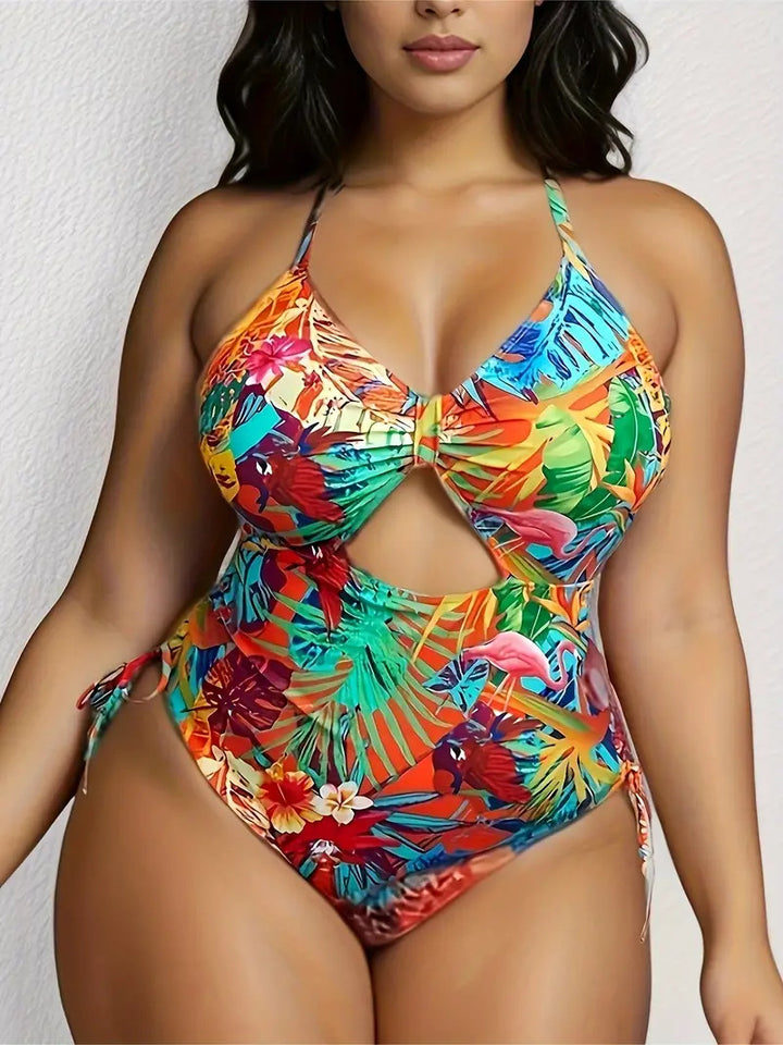 Damen Einteiliger Badeanzug mit exotischem Schnitt und buntem Tropen-Design Drune