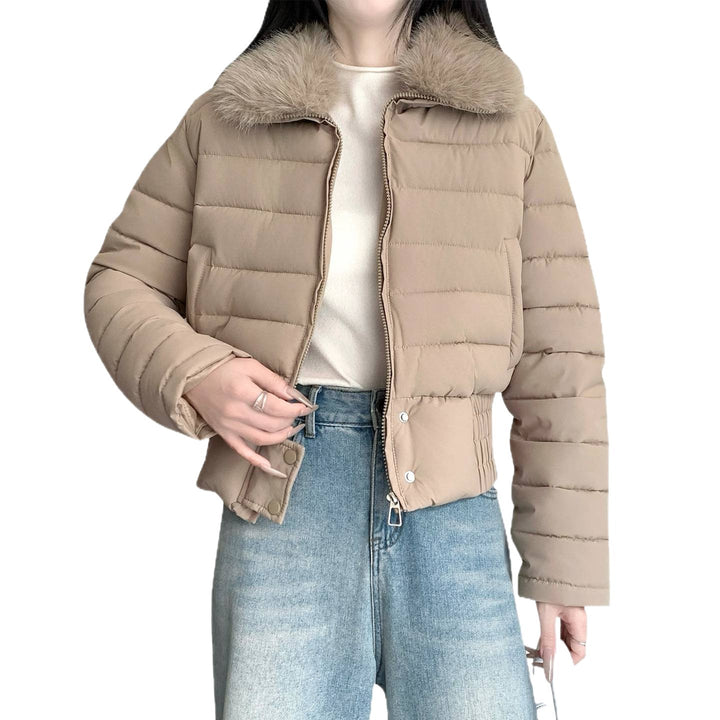 Damen nan kurze wattierte Taillenjacke mit abnehmbarem Kunstfellkragen und verstärktem Saum Drune