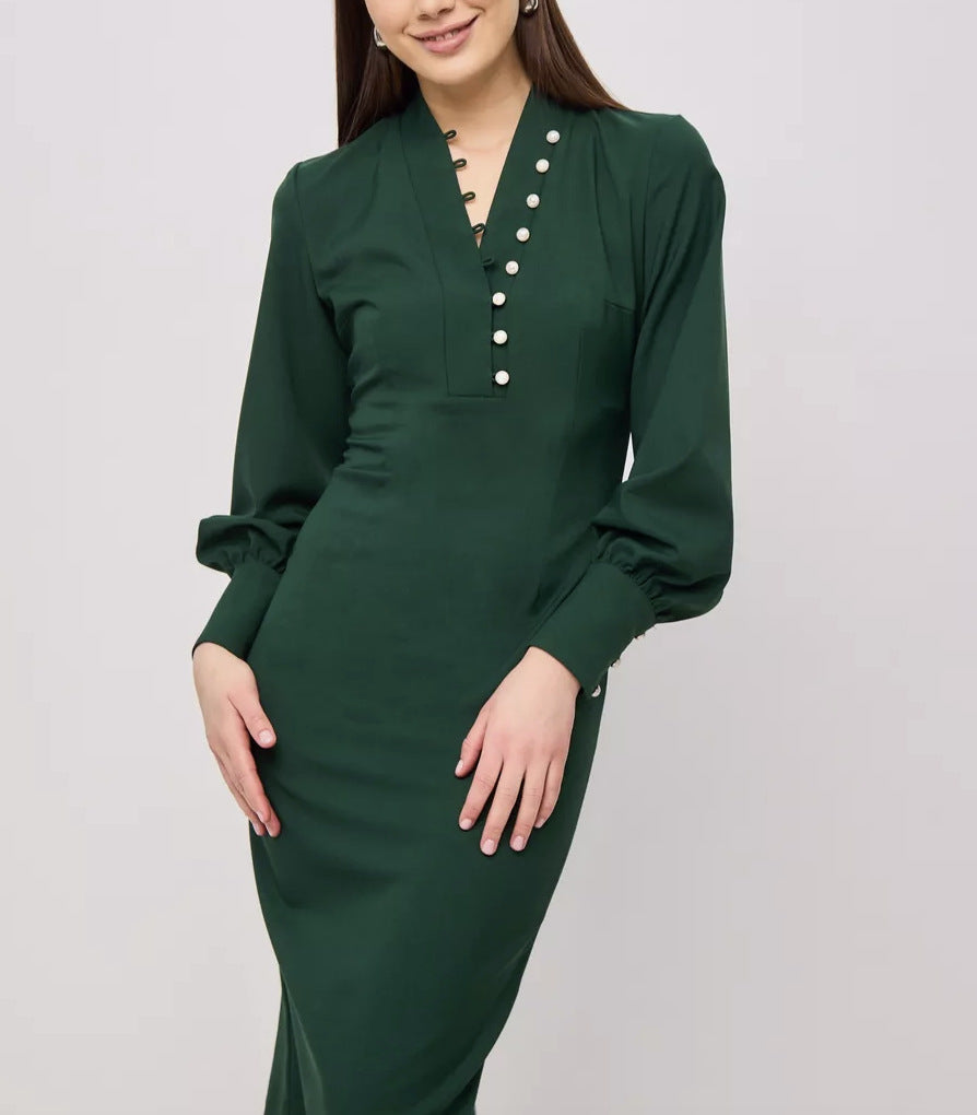 Damen elegantes Kleid mit Puffärmeln und Perlenknopfen Drune