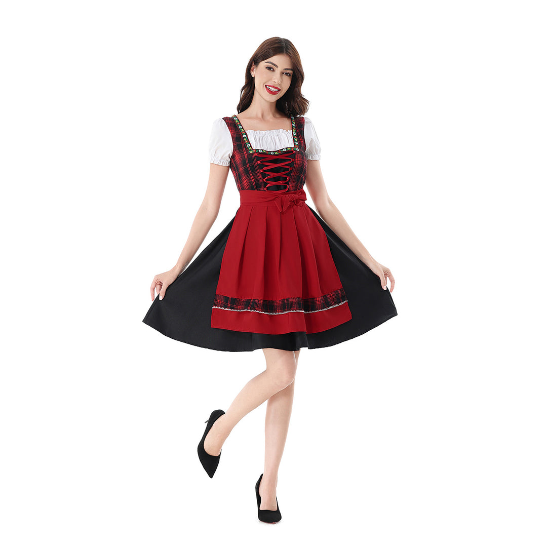 Damen nan traditionelles Dirndlkleid mit kariertem Mieder, Schnürung, Puffärmeln und Schürze Drune