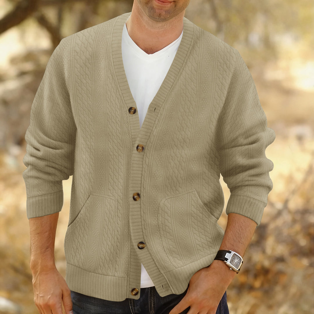 Herren Strukturierter Strickcardigan mit Zopf- und Waffelmuster, Knopfleiste und aufgesetzten Taschen Drune