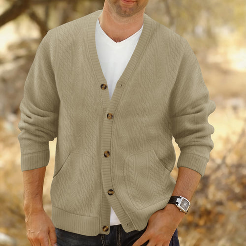 Herren Strukturierter Strickcardigan mit Zopf- und Waffelmuster, Knopfleiste und aufgesetzten Taschen Drune