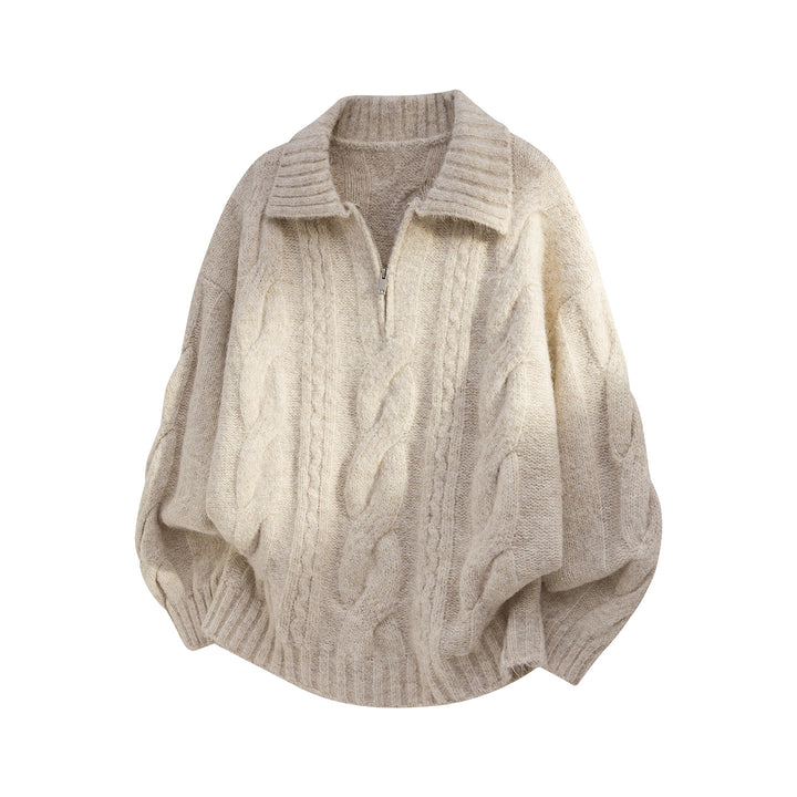 Damen Oversize Strickpullover mit halbem Reißverschluss, Zopfmuster und Ballonärmeln Drune