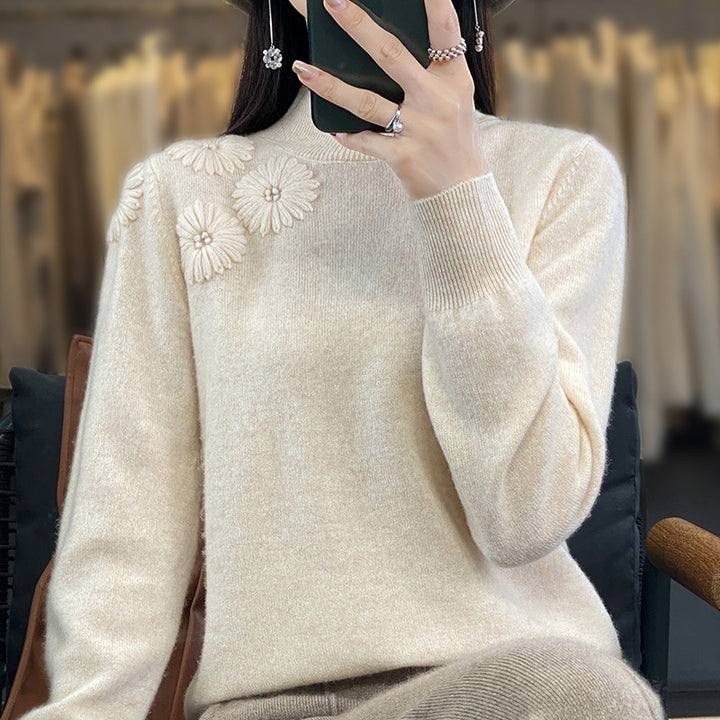 Damen Weicher Feinstrickpullover mit kurzem Stehkragen, 3D‑Blütenapplikation und gerippten Bündchen Drune