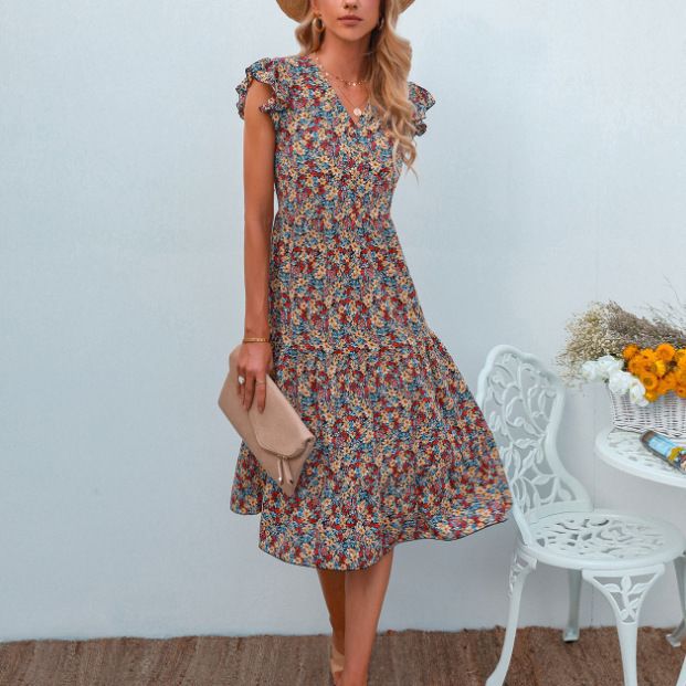 Damen A-Linien Kleid mit voluminösen Rüschenärmeln und floralen Details Drune