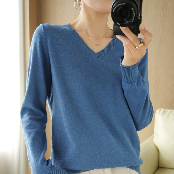 Damen Leichter V‑Ausschnitt Feinstrickpullover aus kaschmirweicher Baumwollmischung mit elastischen Rippbündchen Drune
