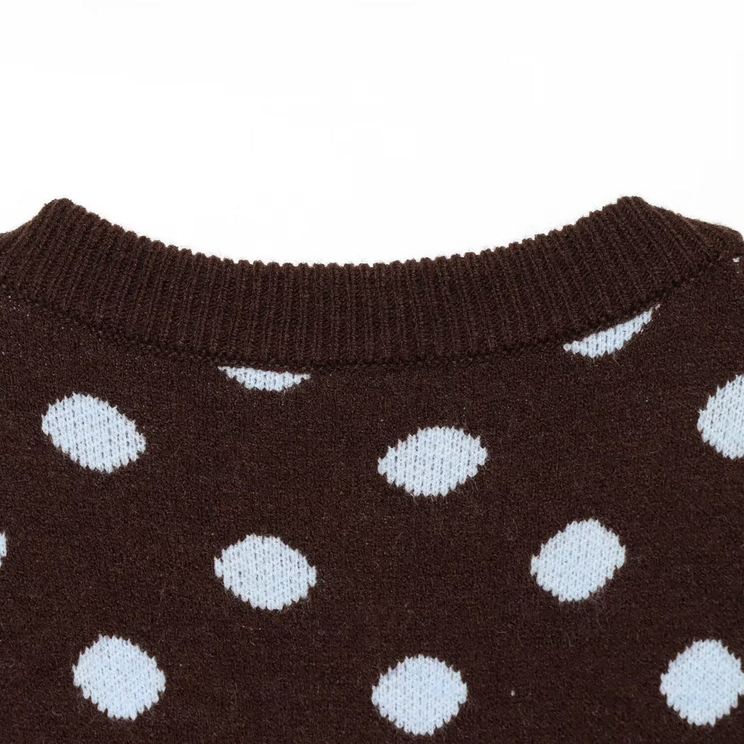 Damen Kurzgeschnittener Gepunkteter Feinstrick-Cardigan mit Rippbündchen und Knopfleiste Drune
