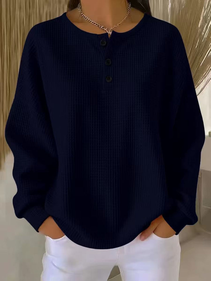 Damen nan Oversized Waffelstrick Henley-Pullover mit Knopfleiste und abgerundetem Saum Drune