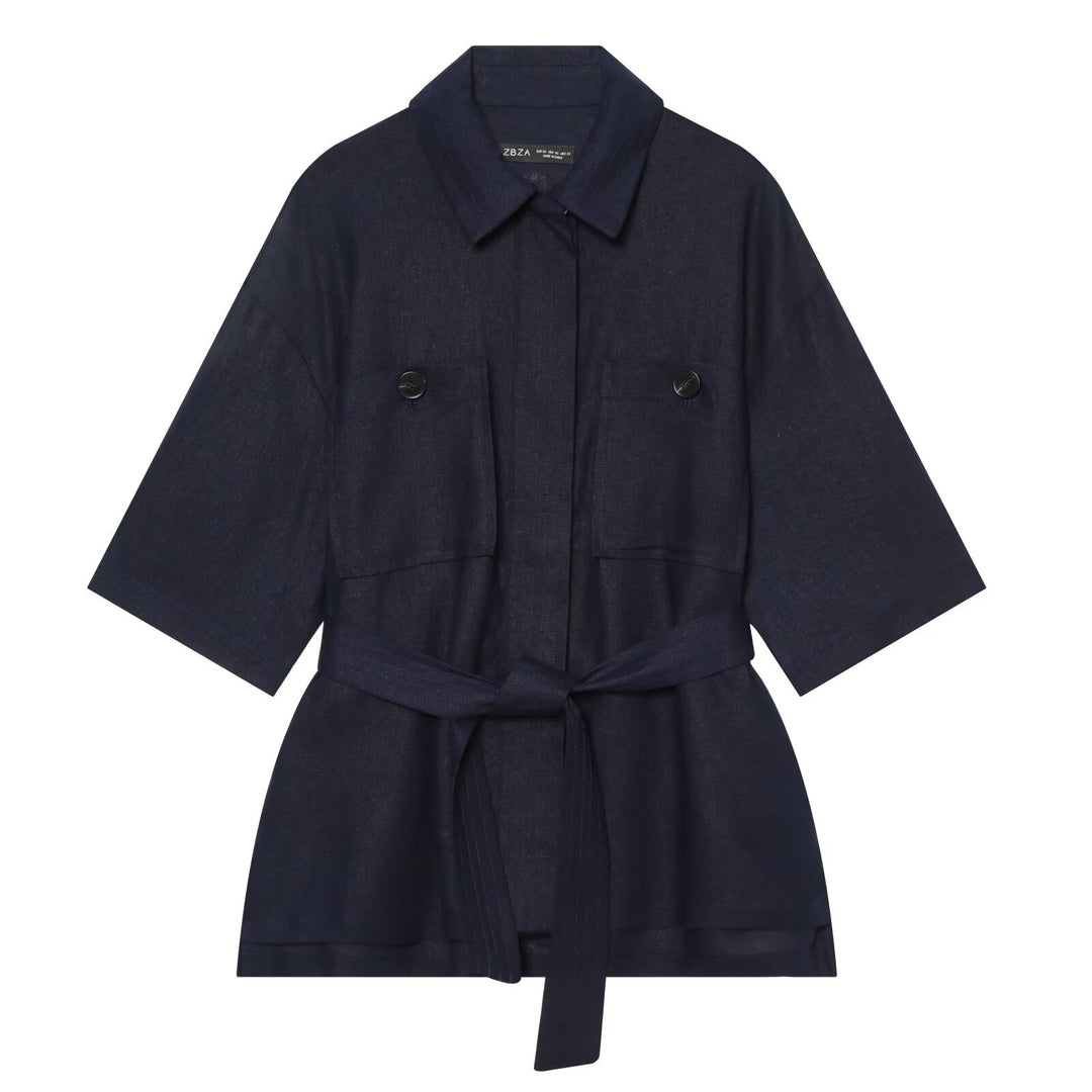 Damen Kurzjacke aus Leinen mit Taillengürtel und aufgesetzten Fronttaschen Drune