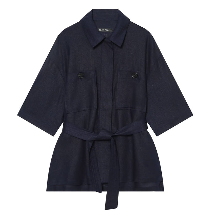 Damen Kurzjacke aus Leinen mit Taillengürtel und aufgesetzten Fronttaschen Drune