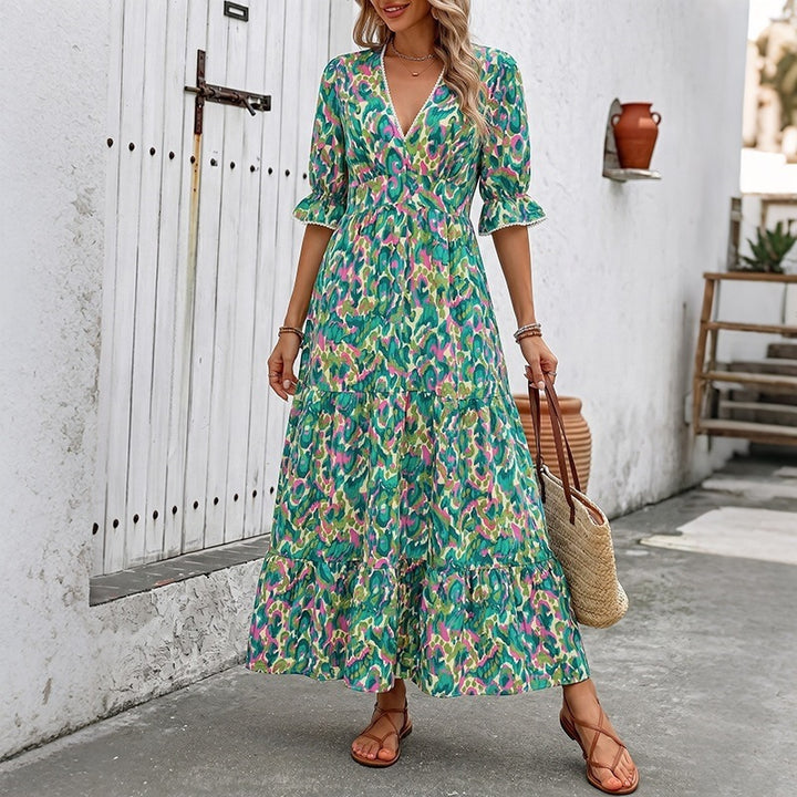 Damen Langes Maxikleid mit Rüschendetails und V-Ausschnitt Drune