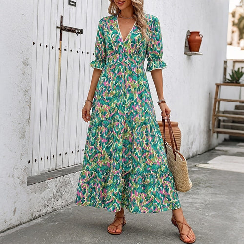Damen Langes Maxikleid mit Rüschendetails und V-Ausschnitt Drune