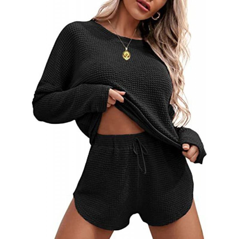 Damen lässiges Waffelstrick-Outfit mit komfortablem Crop-Oberteil und Shorts Drune