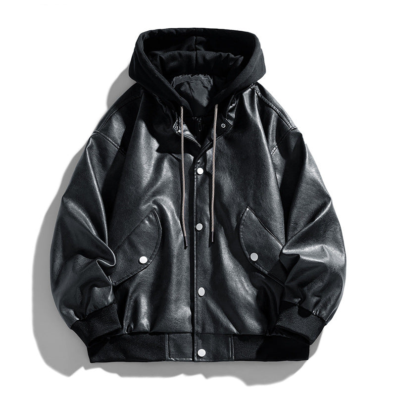 Herren Lässige Kunstleder‑Fliegerjacke im Oversize‑Cut mit kontrastkapuze & Druckknopfblende Drune