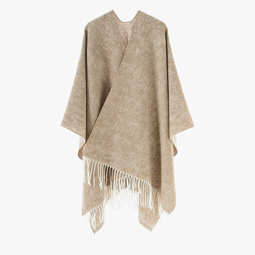 Damen Poncho aus Wollmisch-Strick mit Fransen und weitem Oversize-Schnitt Drune
