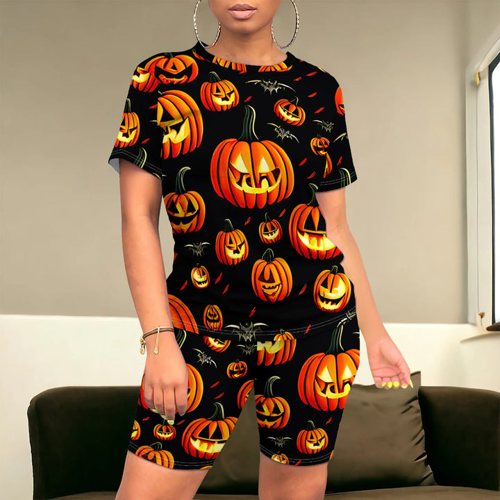 Damen Halloween-Jumpsuit-Set mit kreativem Kürbis-Motiv Drune