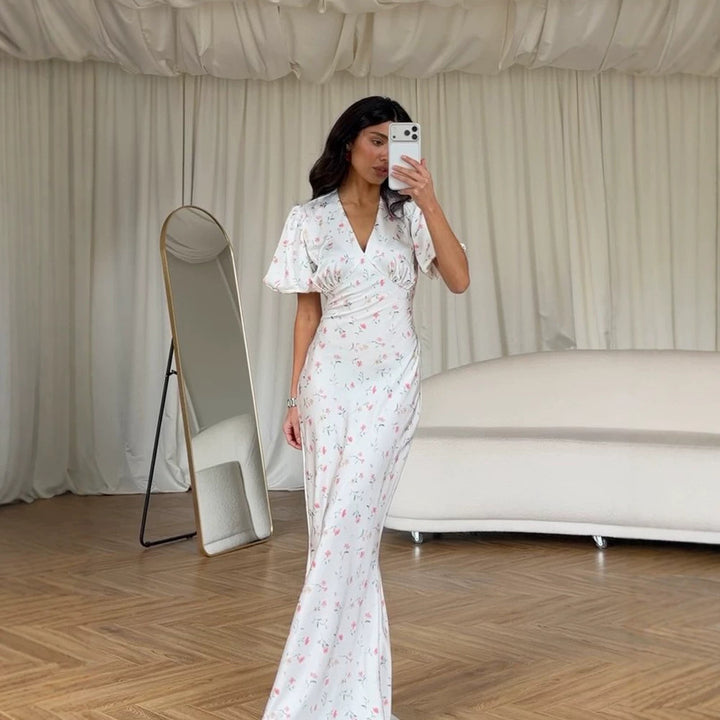 Damen Maxikleid mit floraler Satinoptik, taillierter Silhouette und kurzen Puffärmeln Drune