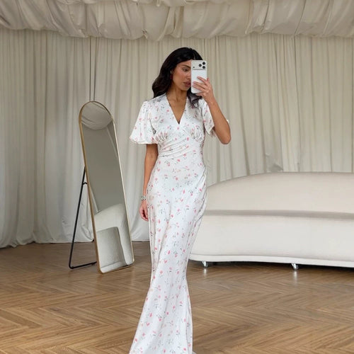 Damen Maxikleid mit floraler Satinoptik, taillierter Silhouette und kurzen Puffärmeln Drune