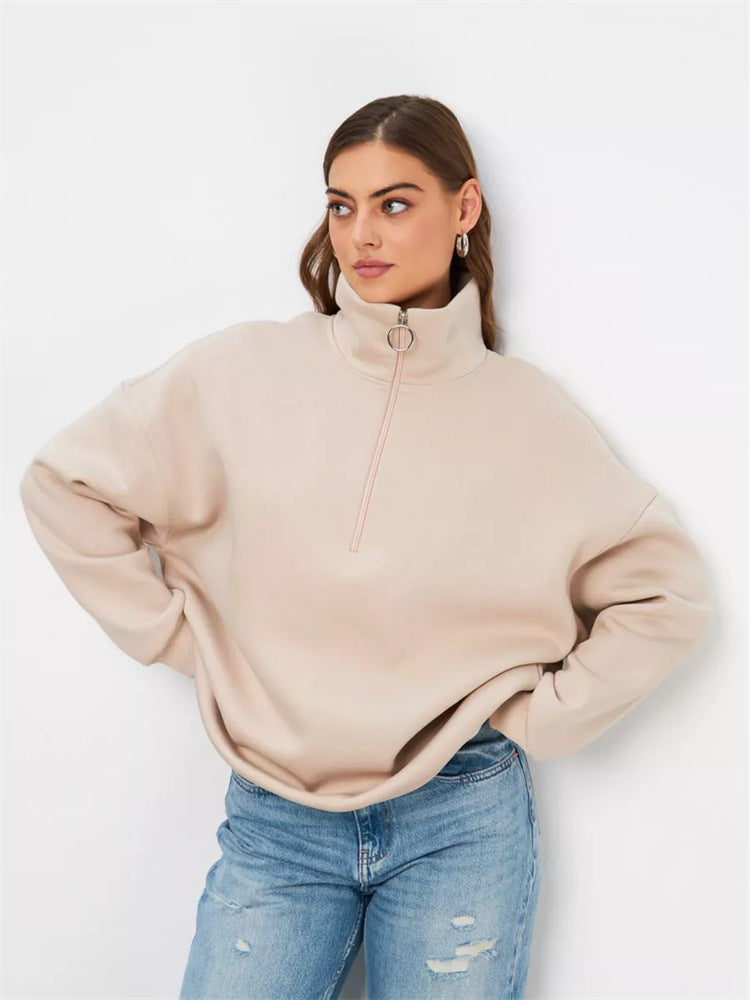 Damen Oversized Halbzip Sweater mit hohem Stehkragen und Rippbündchen Drune
