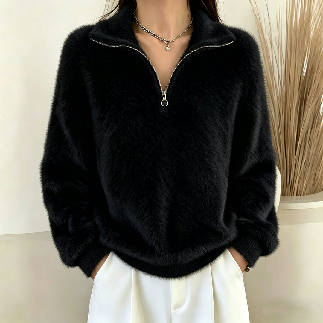 Damen Flauschiger Halbzipp-Pullover mit Stehkragen Drune